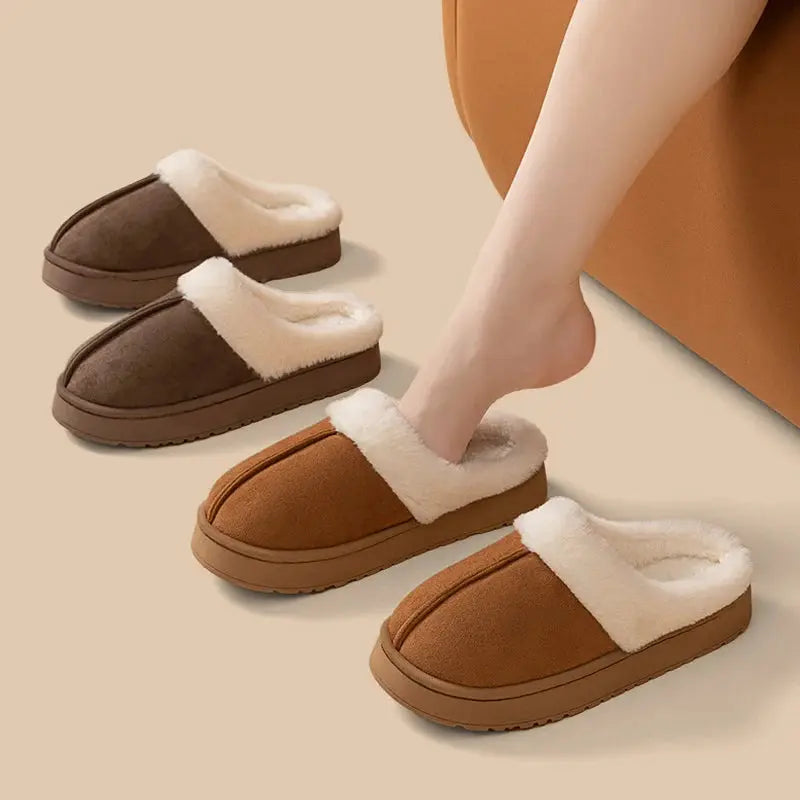 Winter Warm Flat Fur Slippers Women Faux Suede Fluffy Furry Home Slides Couples Comfort Non Slip Indoor Floor Cotton Shoes - Lady T Fashions