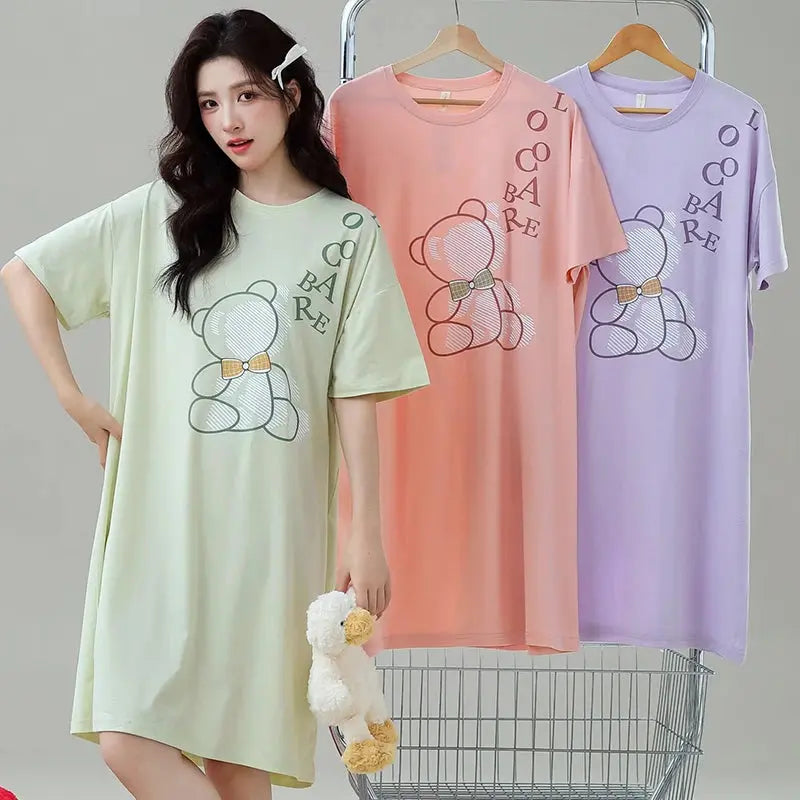 Nightgown Women Pull Racks Cotton Short Sleeves Nightdresses Ladies Home Round Neck Flowers Cartoon Letters Pink Long Skirts - Lady T Fashions
