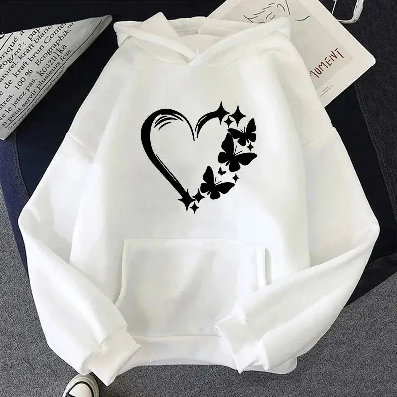 Heart Printed Hoodies for Woman Autumn Winter Daily Casual Sporty Hooded Sweatshirts Female Home Outdoor Comfort Loose Pullover - Lady T Fashions