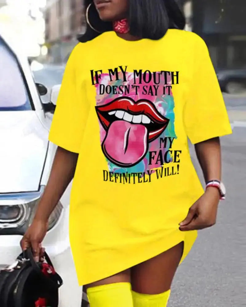 Plus Size Women's Fashion Dresses Outdoor Halter Home Stretchy Nightgowns Sexy Colourful Lips Printed Women's Street Knee Skirt - Lady T Fashions