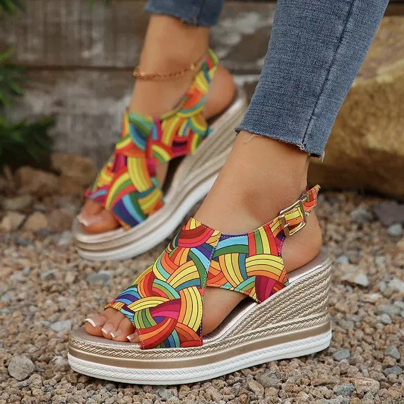 Rainbow Graffiti Wedge Heels Sandals for Women Summer 2025 Peep Toe Platform Sandals Woman Buckle Strap Thick Bottom Beach Shoes Lady T Fashions