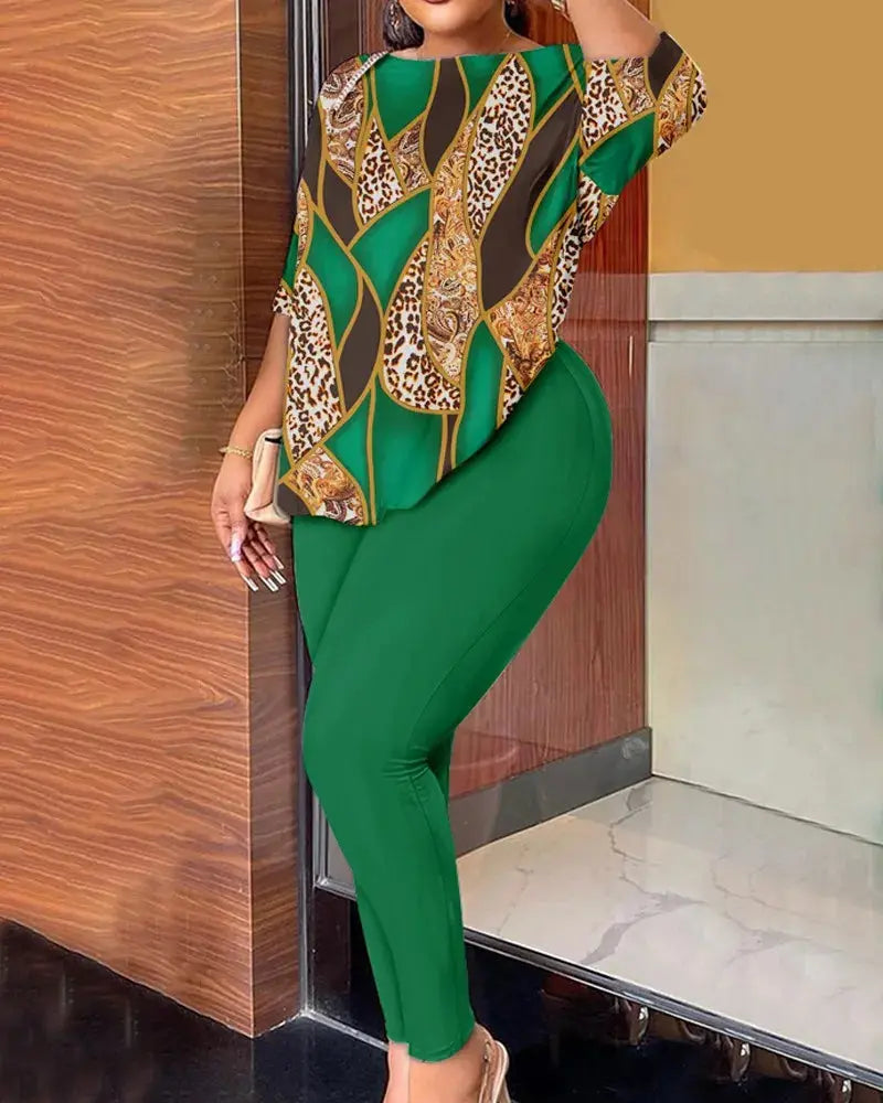 Autumn Women's Clothing New Fashion Print Sexy Backless Round Neck Five Quarter Sleeve Pants Two-piece Casual Comfortable Set - Lady T Fashions
