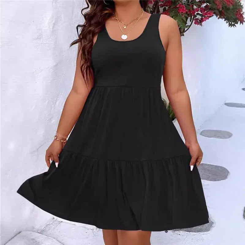 Oversized O-Neck Sleeveless Loose Beach Dress Women Boho Solid Color Plus Size Summer Elegant Sundress Casual Office Vestidos - Lady T Fashions