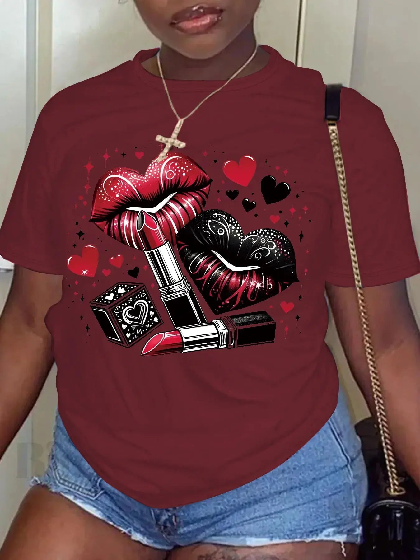 Women Plus Size Clothing Summer Round Neck Short Sleeve Printed Love Lips Lipstick Fashion Plus Size T-Shirts Y2k Top - Lady T Fashions