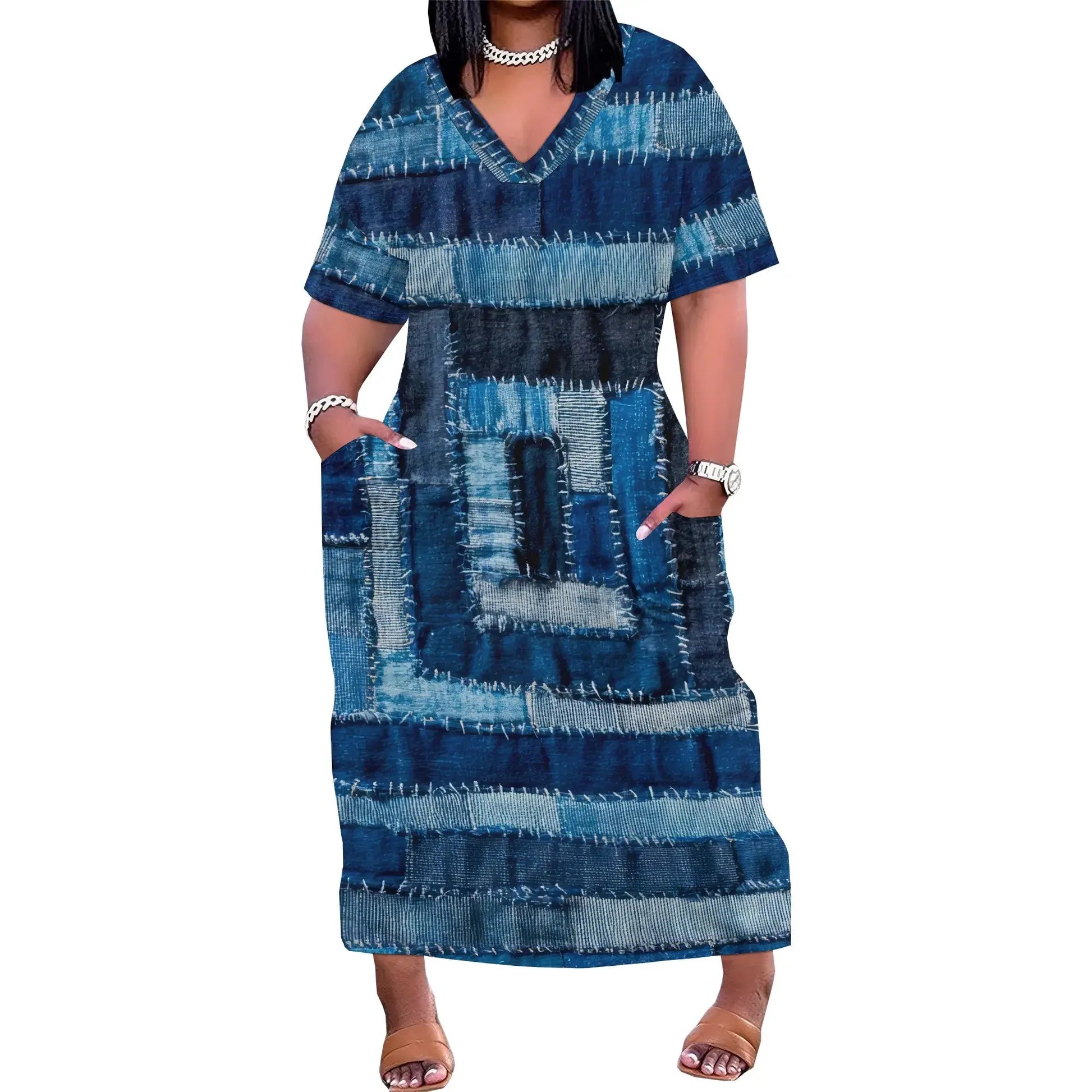 Women's Polyester Denim Style A-Line Midi Dress Light Blue Short Sleeve Casual Work - Lady T Fashions