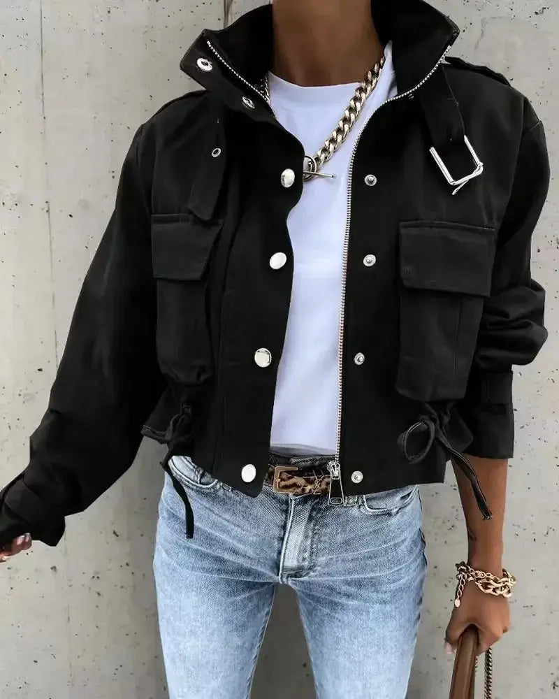 Jackets Women Coats Stand Collar Coat Zipper Print Y2k Tops Streetwear Casual Outerwear Single Breasted Spring Work Jacket - Lady T Fashions