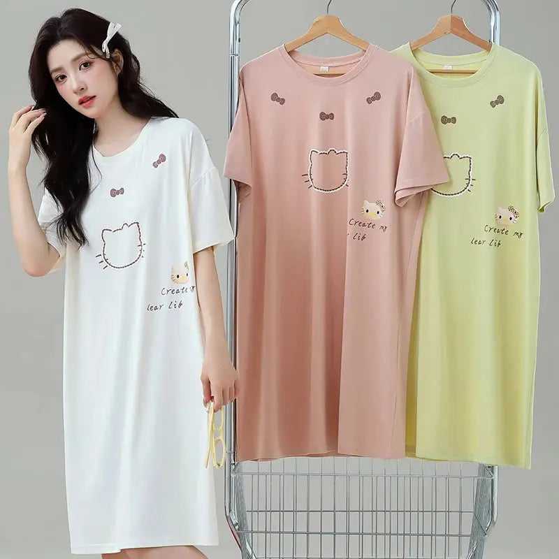 Nightgown Women Pull Racks Cotton Short Sleeves Nightdresses Ladies Home Round Neck Flowers Cartoon Letters Pink Long Skirts - Lady T Fashions