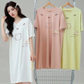 Nightgown Women Pull Racks Cotton Short Sleeves Nightdresses Ladies Home Round Neck Flowers Cartoon Letters Pink Long Skirts - Lady T Fashions