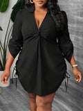 Plus Size Women's Elegant Long Sleeve Shirt Dress for Work, Party and Dating Twisted Front Waist Drawstring, Spring and Autumn - Lady T Fashions