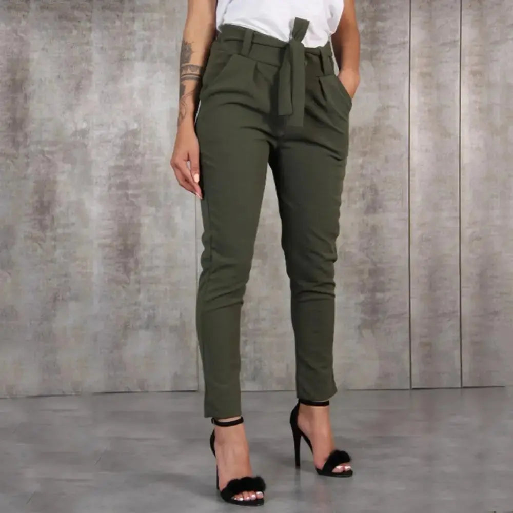 Casual Women Pants Solid Color Belted Elastic High Waist Harem Pants Long Trousers Women's Clothing - Lady T Fashions