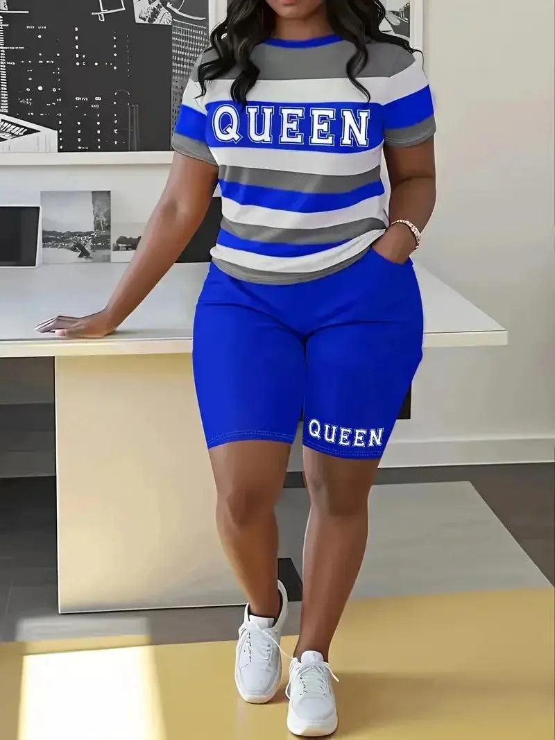 Plus Size Summer Outfits Biker Shorts Set Crew Neck Short Sleeve Positioning Printing Queen Plus Size 2 Piece Set Women - Lady T Fashions
