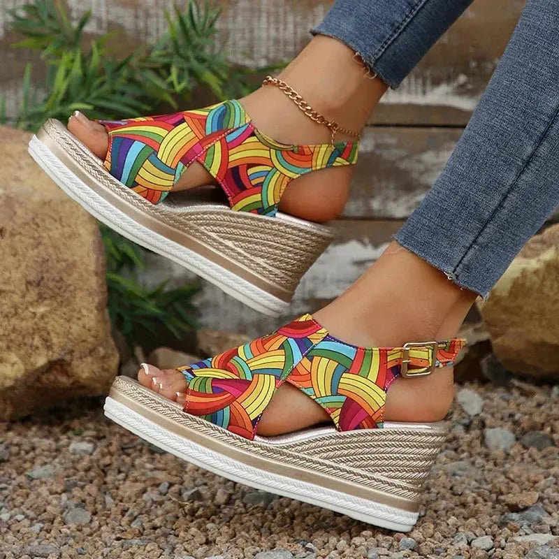 Rainbow Graffiti Wedge Heels Sandals for Women Summer 2025 Peep Toe Platform Sandals Woman Buckle Strap Thick Bottom Beach Shoes Lady T Fashions