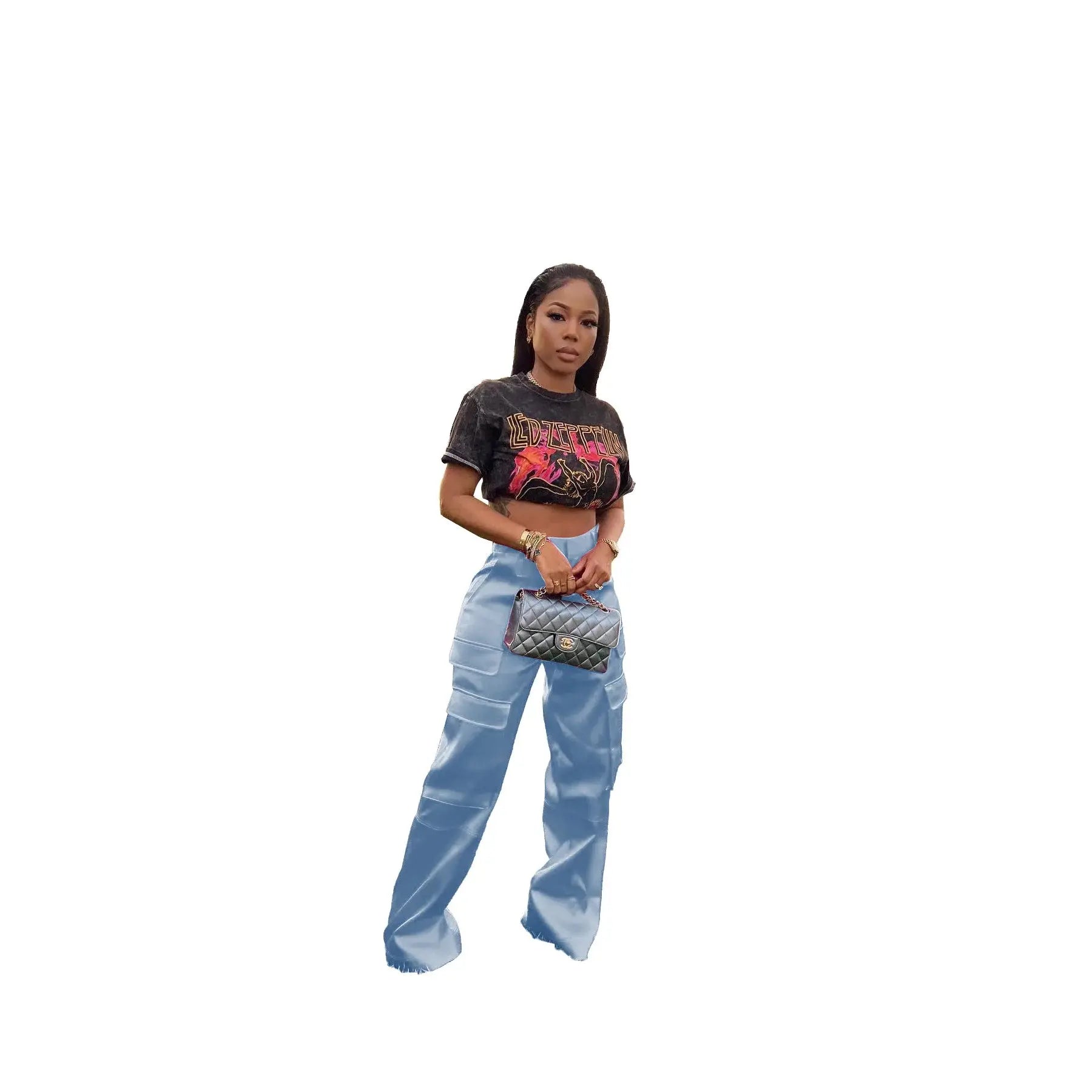 Women Pants  Spring Summer Casual Satin Stretch High Waist Cargo Pants With Pocket Streetwear Solid Wide Leg Pants Flare Trouser - Lady T Fashions