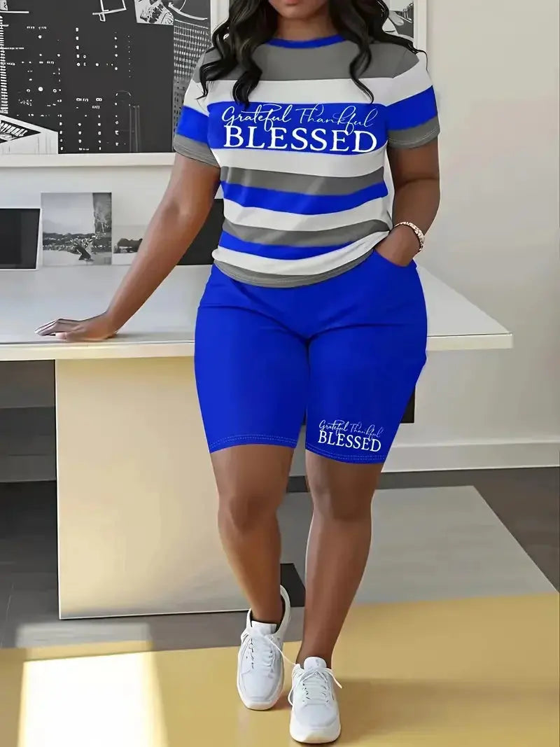 Plus Size Summer Outfits Biker Shorts Set Crew Neck Short Sleeve Positioning Printing Queen Plus Size 2 Piece Set Women - Lady T Fashions