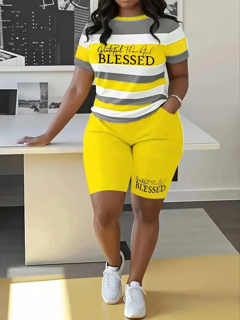 Plus Size Summer Outfits Biker Shorts Set Crew Neck Short Sleeve Positioning Printing Queen Plus Size 2 Piece Set Women - Lady T Fashions