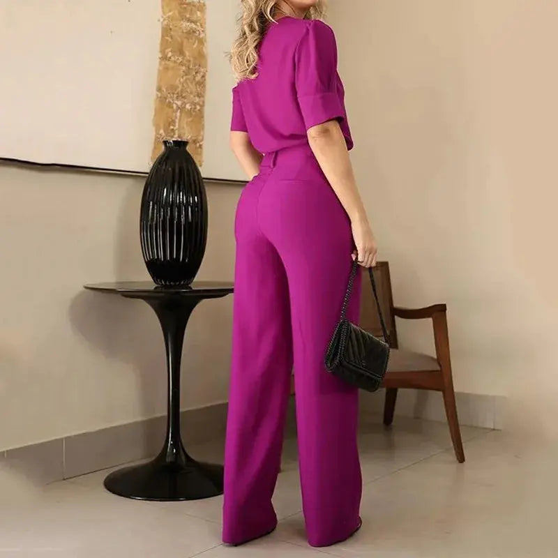 Women Pants Sets Short Sleeve O Neck Pullover Top Wide Leg Pants Loose Two Pieces Pockets Casual Basics Ankle Length Elegant - Lady T Fashions