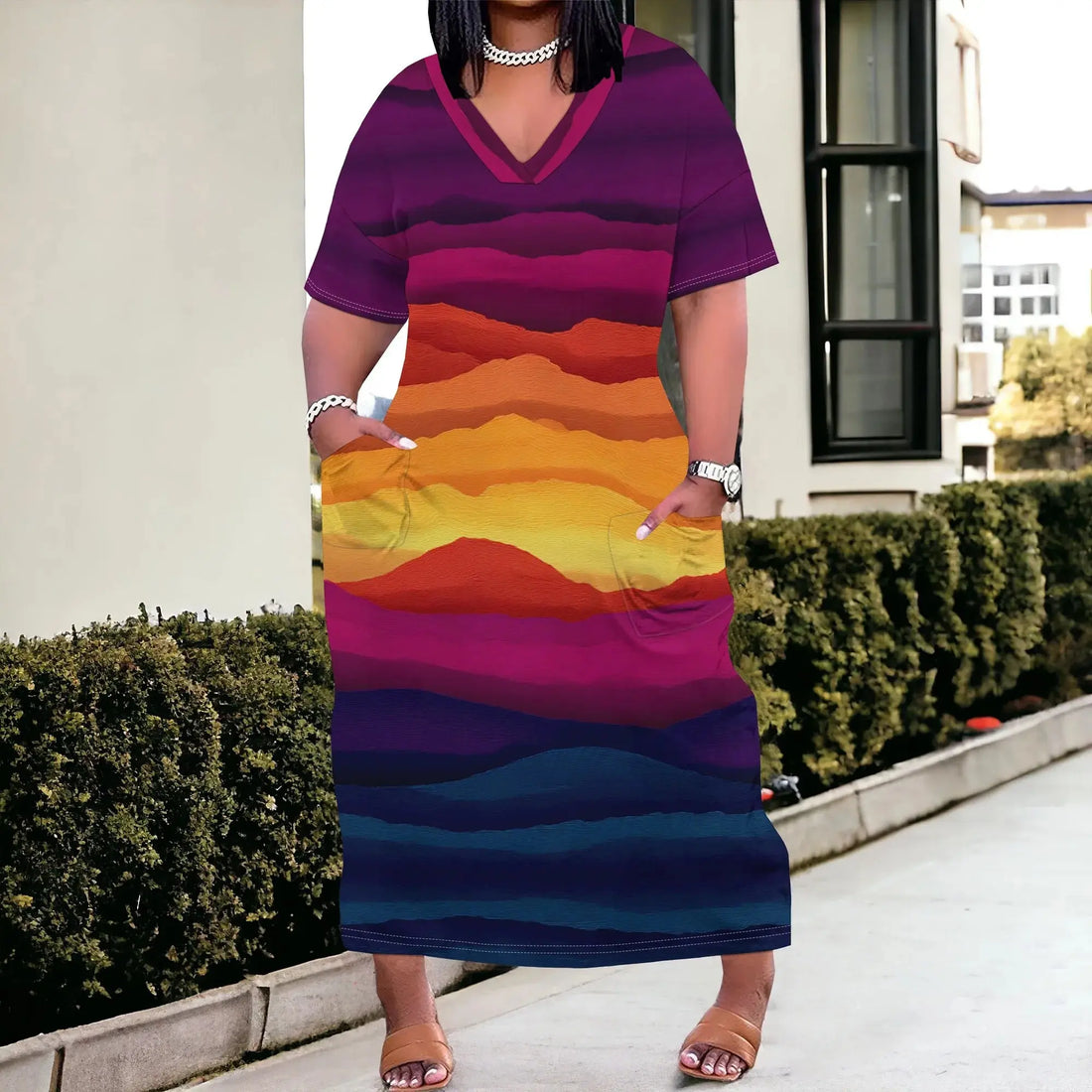 Women's Sunset Stripe Pocket Maxi Dress XL-6XL Loose Fit V-Neck T-Shirt Style for Juneteenth or Pride Streetwear Look - Lady T Fashions