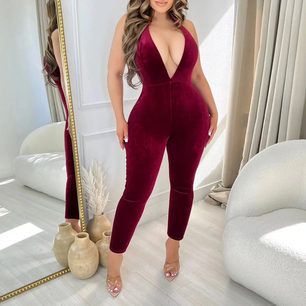 Women's sexy hot girl deep V-neck hanging neck velvet backless tight jumpsuit - Lady T Fashions