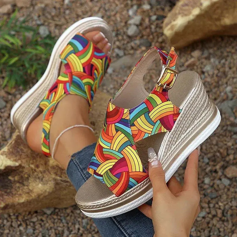 Rainbow Graffiti Wedge Heels Sandals for Women Summer 2025 Peep Toe Platform Sandals Woman Buckle Strap Thick Bottom Beach Shoes Lady T Fashions