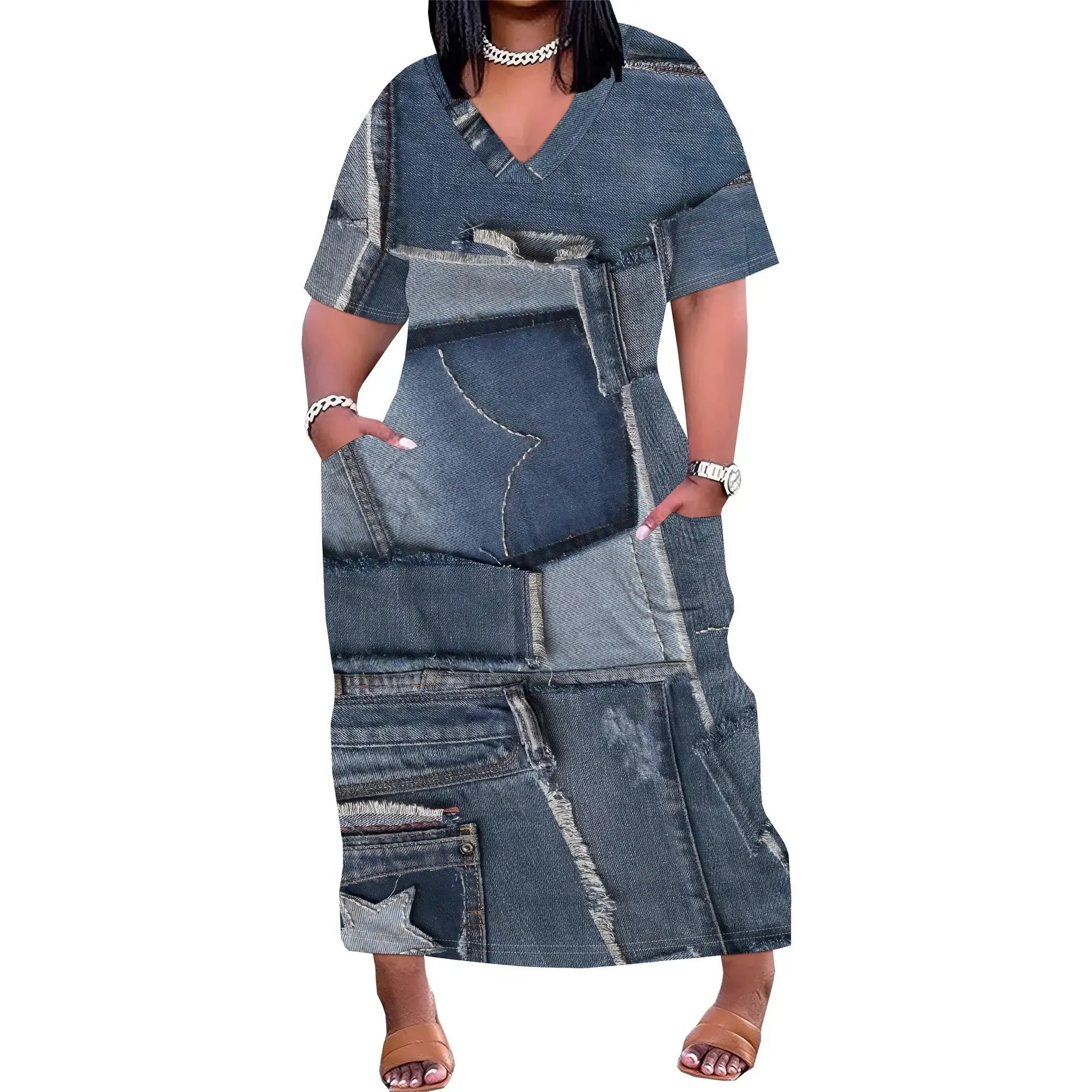 Patchwork Denim Print Casual Plus Size Maxi Dress - Lady T Fashions