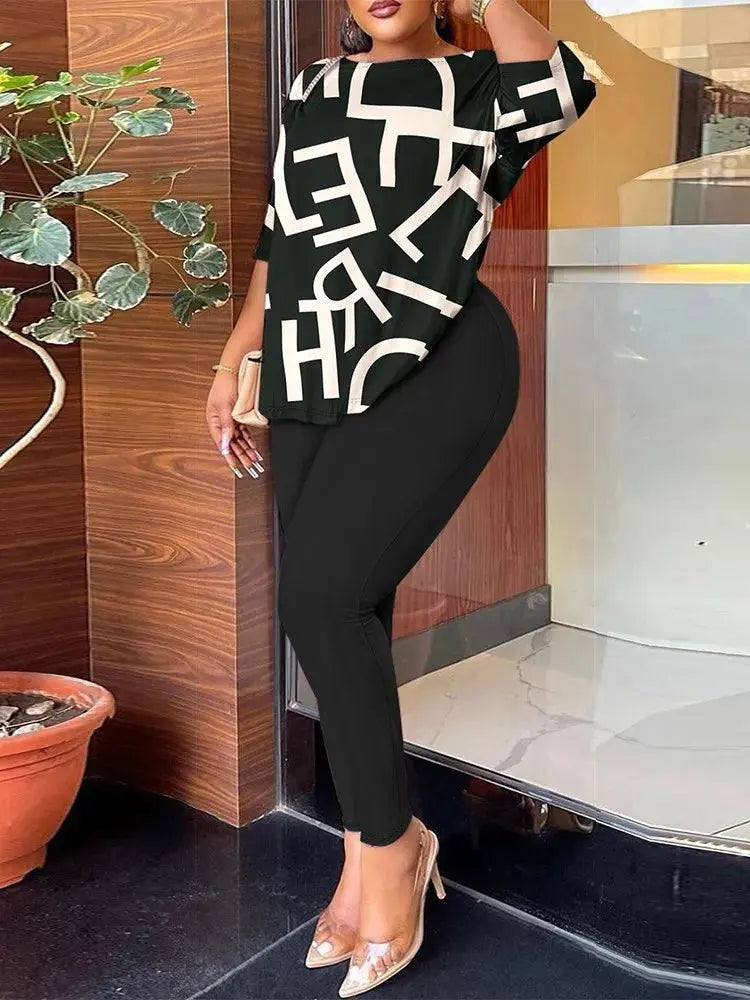 Autumn Women's Clothing New Fashion Print Sexy Backless Round Neck Five Quarter Sleeve Pants Two-piece Casual Comfortable Set - Lady T Fashions
