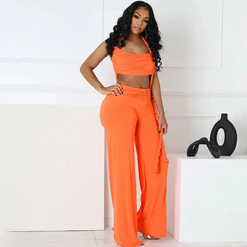 FAGADOER Sexy Ruched Patchwork Bodycon Jumpsuits For Woman Halter Sleeveless Wide-leg Romper Female Streetwear Overalls 2025 New - Lady T Fashions