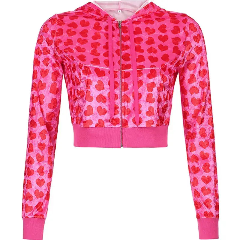Women's Pants Suits Female Short Coat Heart Print Long Sleeve Tops with Zipper and Pockets Women's Clothes for Spring Fall 2024 - Lady T Fashions