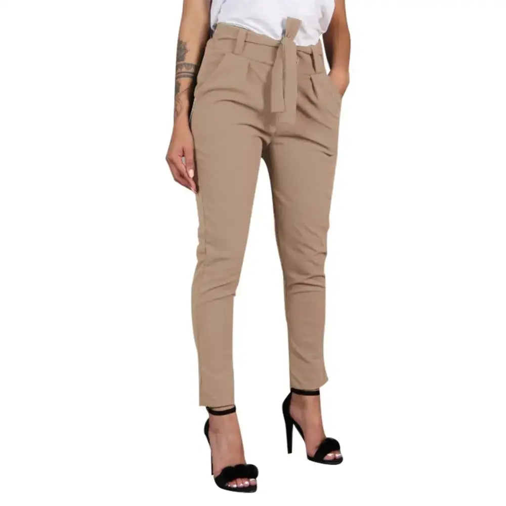 Casual Women Pants Solid Color Belted Elastic High Waist Harem Pants Long Trousers Women's Clothing Lady T Fashions