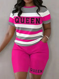 Plus Size Summer Outfits Biker Shorts Set Crew Neck Short Sleeve Positioning Printing Queen Plus Size 2 Piece Set Women - Lady T Fashions