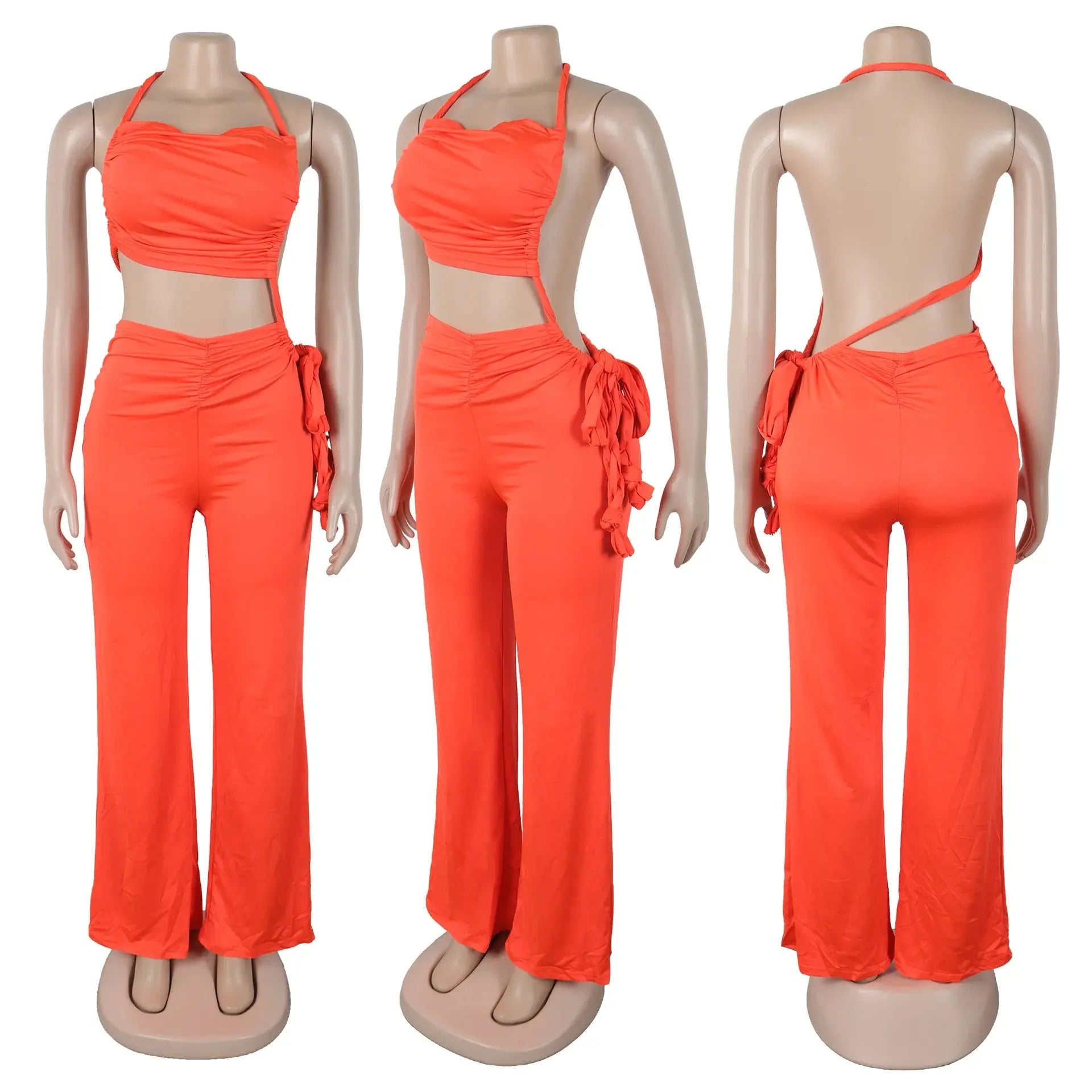 FAGADOER Sexy Ruched Patchwork Bodycon Jumpsuits For Woman Halter Sleeveless Wide-leg Romper Female Streetwear Overalls 2025 New - Lady T Fashions