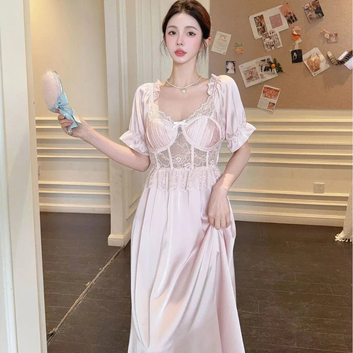 Women Long Nightgown Sleepwear Elegant Retro Court Style Nightdress Home Dressing Gown Spring Summer Rayon Sexy Lace Loungewear - Lady T Fashions