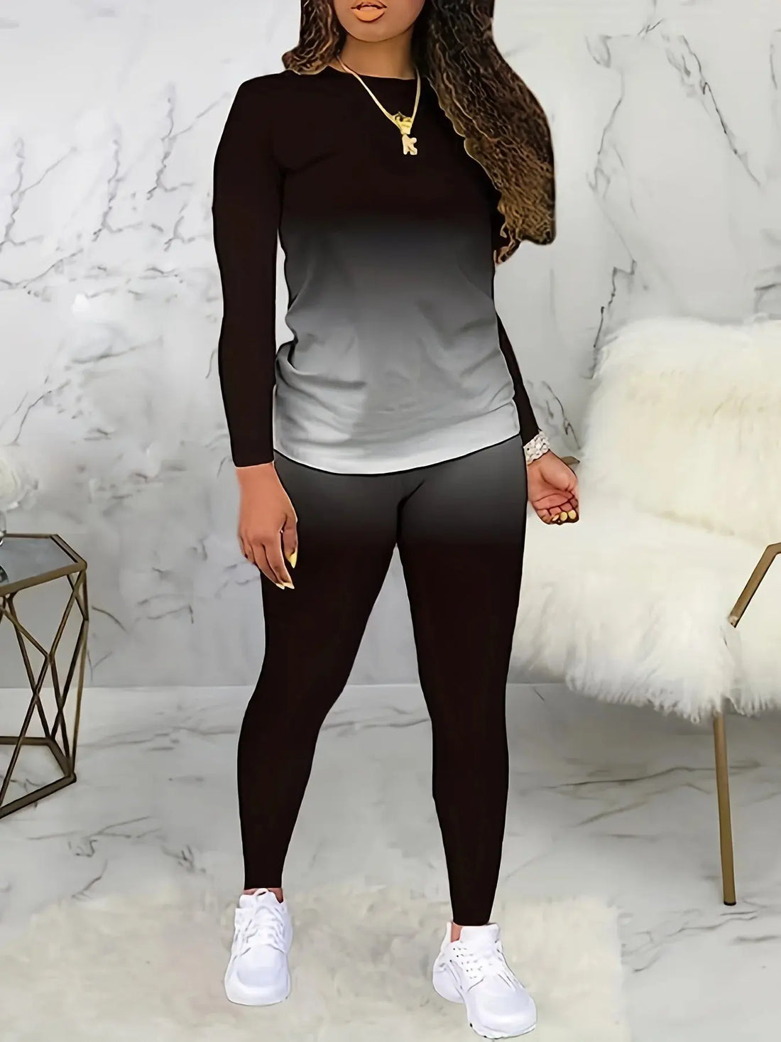Plus size European and American cross-border spring and autumn new round neck gradient long sleeve trousers casual suit - Lady T Fashions