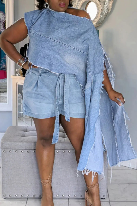 Women's Plus Size Causal Blue Oblique Collar Batwing Sleeve Long Sleeve Split Irregular Hem Denim Jacket 2025 - Lady T Fashions