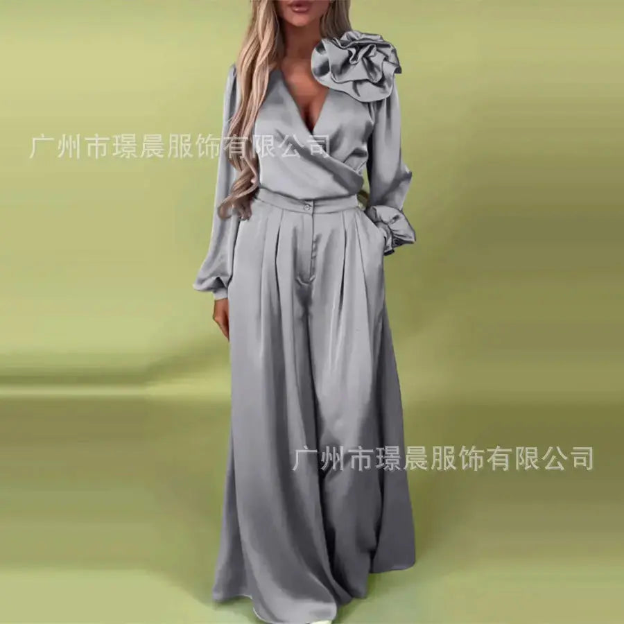 Women Pants Set Elegant 3d Flower Satin Suit For Women V Neck Blouse Wide Leg Casual Loose  Trousers Set Formal Commuting Lady T Fashions