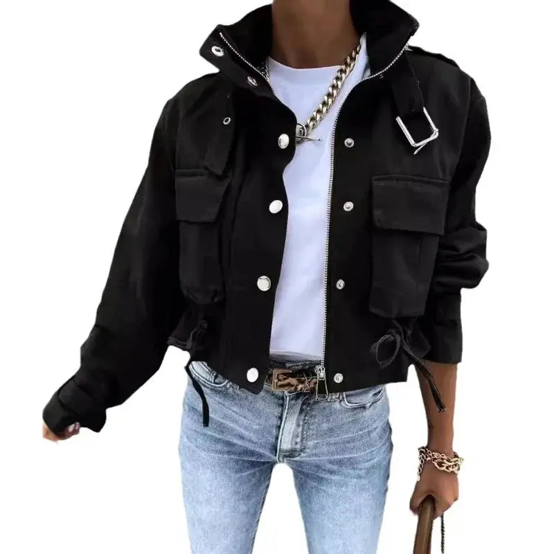 Jackets Women Coats Stand Collar Coat Zipper Print Y2k Tops Streetwear Casual Outerwear Single Breasted Spring Work Jacket - Lady T Fashions