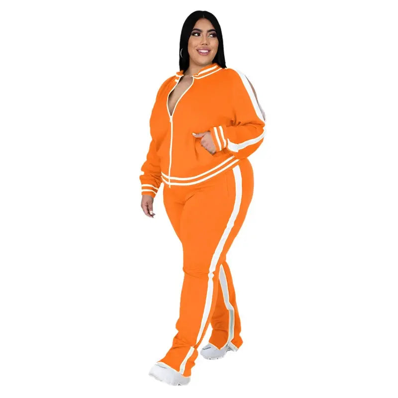 Plus Size L-5XL Two Piece Set Women Sweatsuit Zip Striped Top Slit Sweatpants Jogger Outfit Matching Set Wholesale Dropshipping - Lady T Fashions
