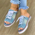 Women Canvas Flat Slipper Lace Up Peep Toe Casual Shoe Female Fashion Denim Beach Shoes - Lady T Fashions