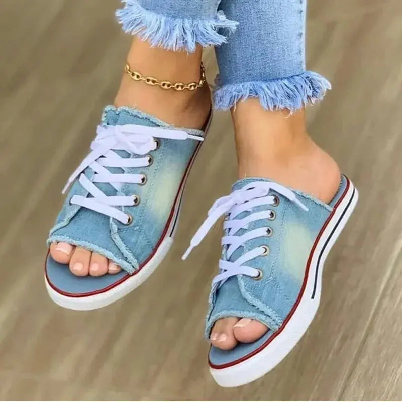 Women Canvas Flat Slipper Lace Up Peep Toe Casual Shoe Female Fashion Denim Beach Shoes - Lady T Fashions