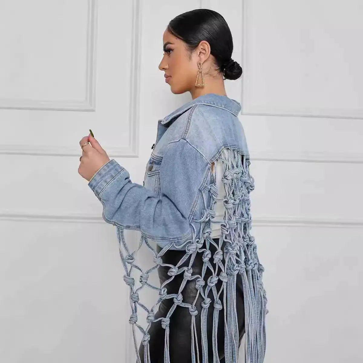 Women Denim Jacket Back Grid Fringe Design Denim Jacket Ladies Spring and Fall Fashion Short Personalized Jacket Coat 2024 New - Lady T Fashions