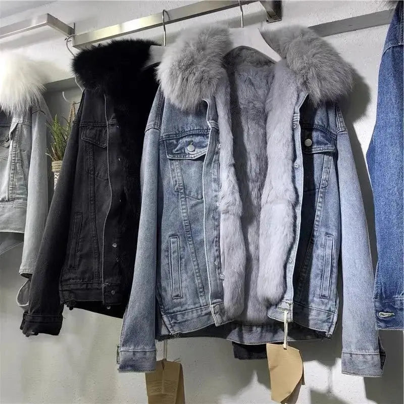 Winter Women Warm Basic Coat Big Fur Collar Denim Jacket Female Cold Motorcycle Jackets Outerwear Fleece Thick Casual Overcoat - Lady T Fashions