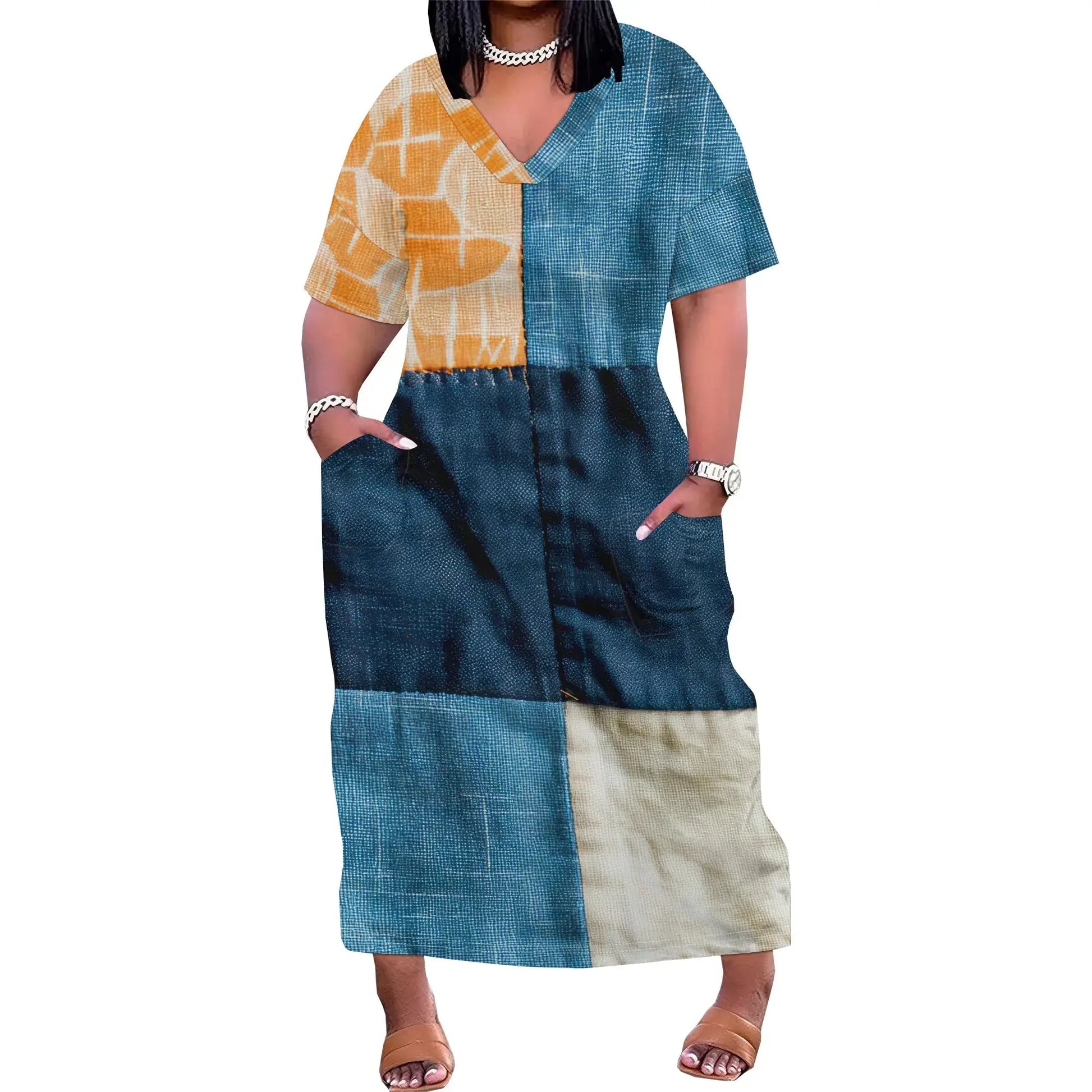 Women's Polyester Denim Style A-Line Midi Dress Light Blue Short Sleeve Casual Work - Lady T Fashions