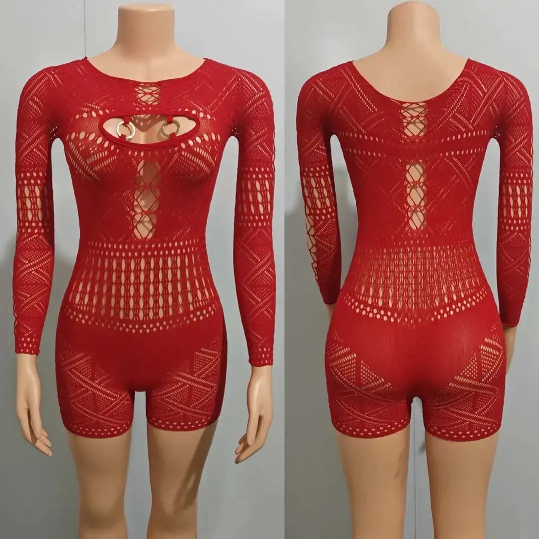 Women's Sexy Long Sleeve Jumpsuit See Through Outfit Sheer Mesh Hollow Out Night Club Short Romper - Lady T Fashions