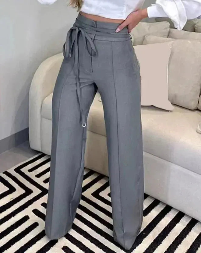 Women's Pants 2023 Spring Fashion Tied Detail Straight Leg Elegant Plain High Waist Long Work Pants Office Lady - Lady T Fashions
