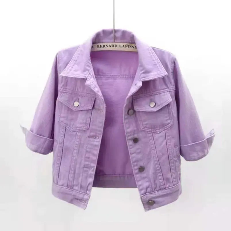 Women Denim Jacket Spring Autumn Short Coat Pink Jean Jackets Casual Tops Purple Yellow Purple Blue Loose Tops Lady Outerwear - Lady T Fashions