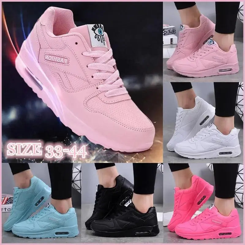 Women Fashion Sneakers Air Cushion Sports Shoes Pu Leather Blue Shoes White Pink Outdoor Walking Jogging Shoes Female Trainers - Lady T Fashions