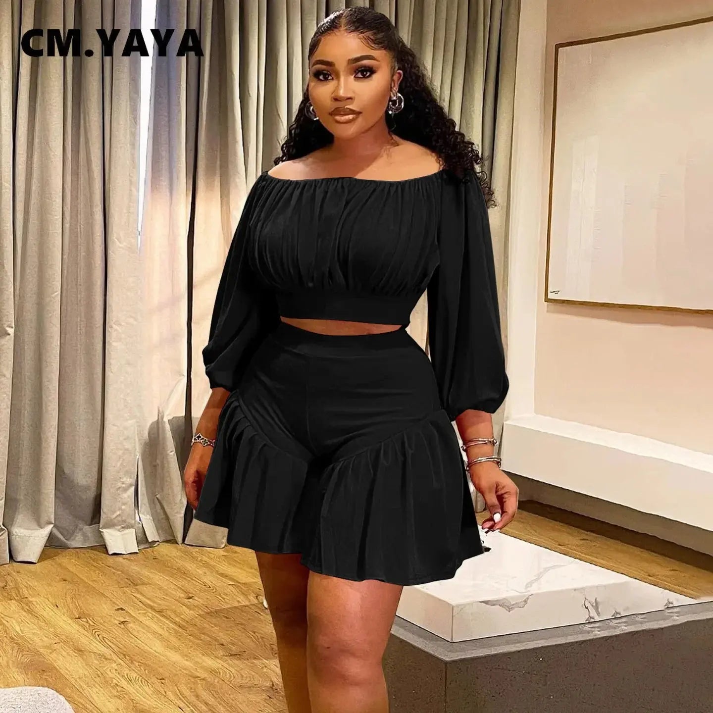 CM.YAYA Plus Size Women's Set Long Sleeve Slash Neck T-Shirt and Shorts 2025 Summer Ruched Two 2 Piece Set Outfits Tracksuit - Lady T Fashions