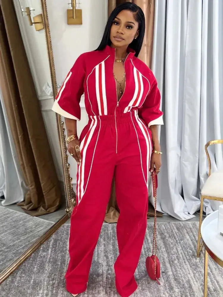 Women Jumpsuits For Spring 3/4 Sleeve Print Stripe Loose Fashion Streetwear Overalls Wide Leg Pants Trousers 2025 Summer - Lady T Fashions