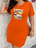 Plus Size Cartoon Print Slim Fit Dress Flattering & Fun for Spring/Summer O-Neck Mini Dress Lightweight Casual Wear for Women - Lady T Fashions
