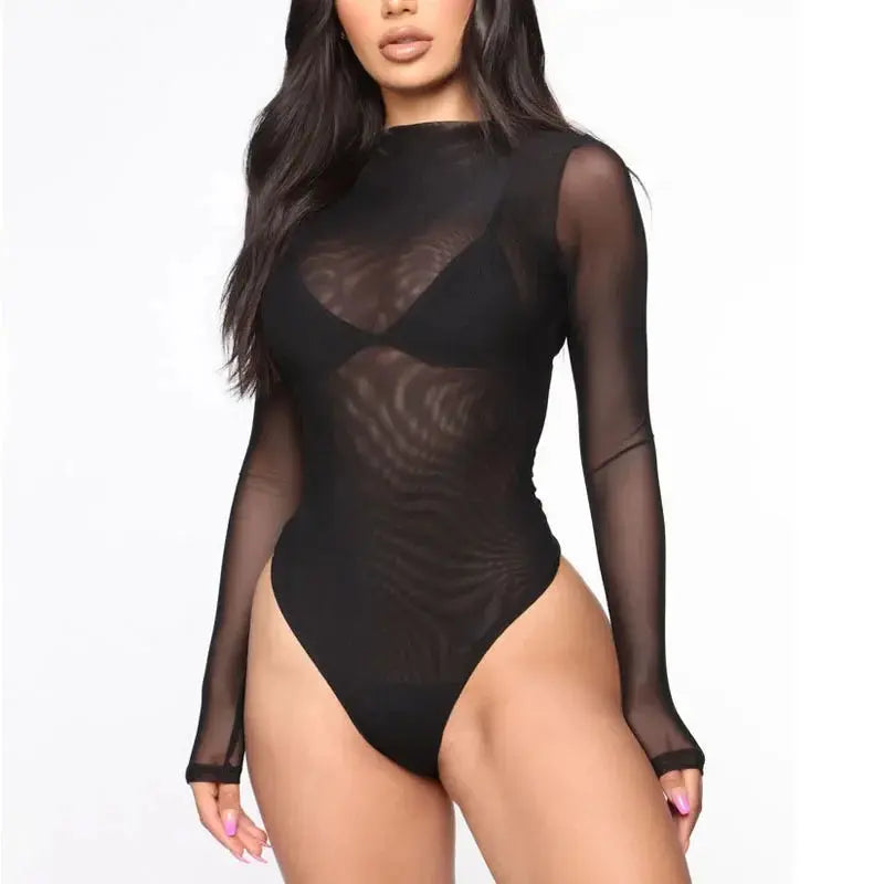 Fashion Ladies Sheer Transparent Bodysuit For Women Summer Solid Color Long Sleeve Jumpsuits Bodysuits Female Clothing - Lady T Fashions