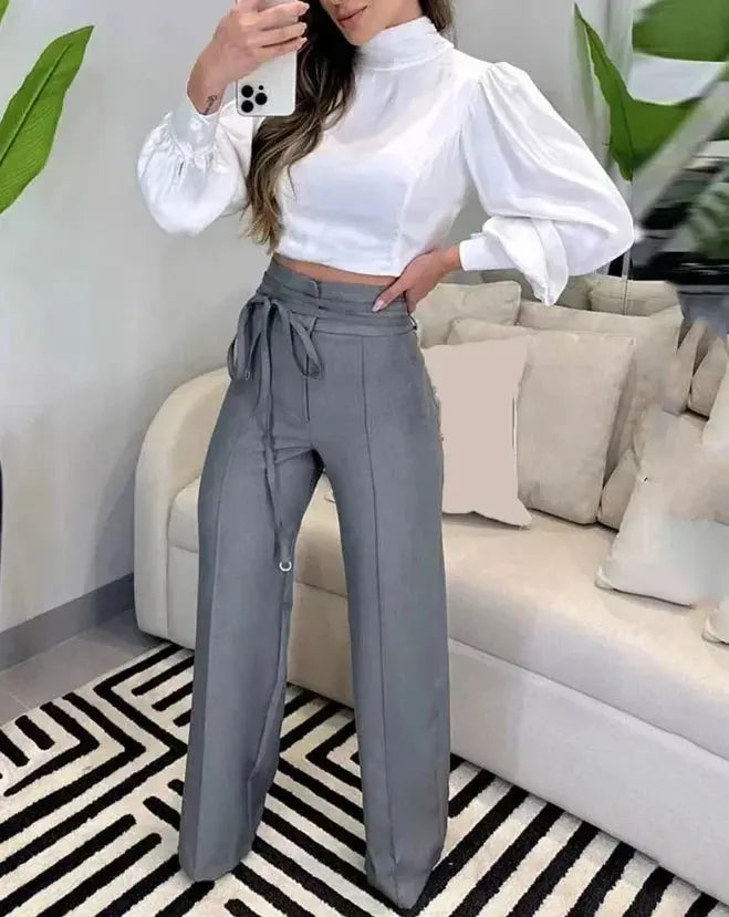 Women's Pants 2023 Spring Fashion Tied Detail Straight Leg Elegant Plain High Waist Long Work Pants Office Lady - Lady T Fashions